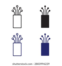 Collection of four icons representing a fiber optic cable, shown in outline and solid versions with black and blue colors, symbolizing fast data transmission and connectivity.