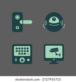 A collection of four icons representing security systems: a door lock, a surveillance camera, a keypad, and a monitor displaying a camera feed.