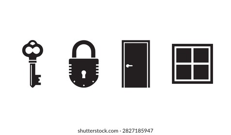 Collection of four icons representing security and access elements: key, lock, door, and window, suitable for security, safety, and access control themes.