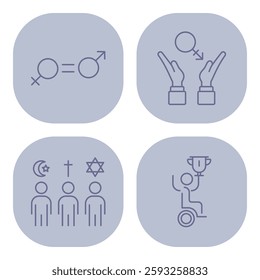 Collection of four icons representing themes of gender equality, faith diversity, and empowerment. Inclusivity concept