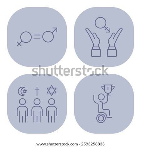 Collection of four icons representing themes of gender equality, faith diversity, and empowerment. Inclusivity concept