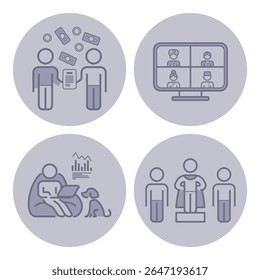 Collection of four icons showing diverse activities such as collaboration, online meetings, data analysis, and personal development. Contemporary working environments concept
