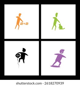 A collection of four icons visualizing mathematical concepts, animal interaction, and recreational activities.