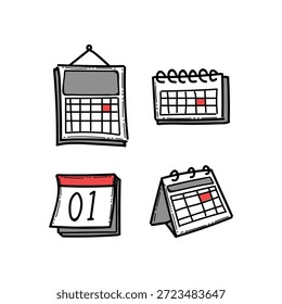 Una colección de cuatro calendarios ilustrados con cuadrículas diarias, diseños mensuales y marcadores de fecha. Ideal para planificación, programación, decoración de oficinas y gestión de proyectos visuales en proyectos de stock.