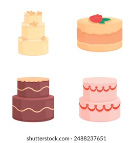 Collection of four illustrated cartoonstyle wedding cakes in various flavors and designs