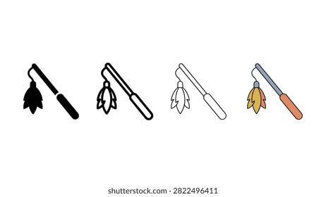 Collection of four illustrated cat toy designs featuring a wand with a feathery lure attached by a string