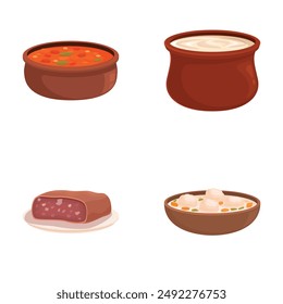 Collection of four illustrated dishes including soup and stew in a white background