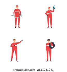 Collection of four illustrated firefighters with equipment in various actionready stances
