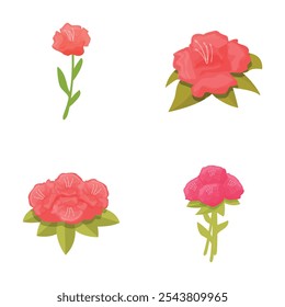 Collection of four illustrated pink roses with different blooms and green leaves