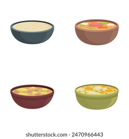 Collection of four illustrated soup bowls, each featuring a different appetizing soup