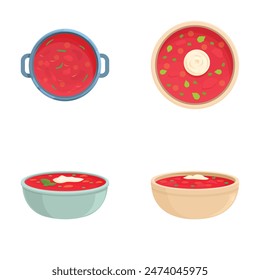 Collection of four illustrated soup bowls with various designs and toppings