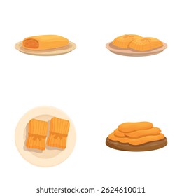 Collection of four illustrated sweet baked goods on various plates