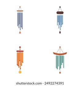 Collection of four illustrated wind chimes in various colors and designs, isolated on a white background