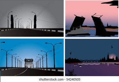 colección de cuatro ilustraciones con puentes