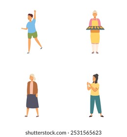 Collection of four illustrations depicting individuals engaged in various actions with joyful expressions