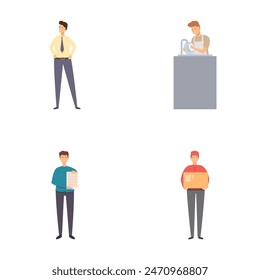 Colección de cuatro ilustraciones con hombres de negocios en diferentes situaciones de trabajo