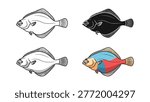 A collection of four illustrations of a flatfish, also known as flounder, in various styles including outline, silhouette, and two colored versions.