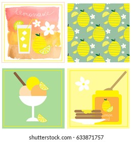 Collection with four illustrations with lemon: lemon curd, lemonade, ice-cream and seamless pattern with lemon