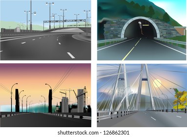 collection of four illustrations with roads