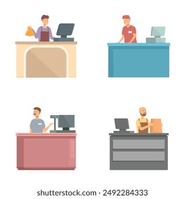 Collection of four illustrations showcasing cashiers working at various retail counters