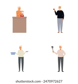 Collection of four illustrations showcasing elderly men performing various tasks like cooking and shopping