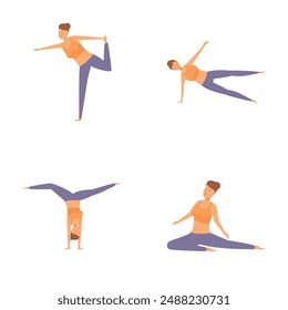 Collection of four illustrations showing a person in different yoga positions, promoting fitness and wellbeing