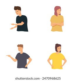 Collection of four illustrations showing young adults with crossed arms and disapproving gestures