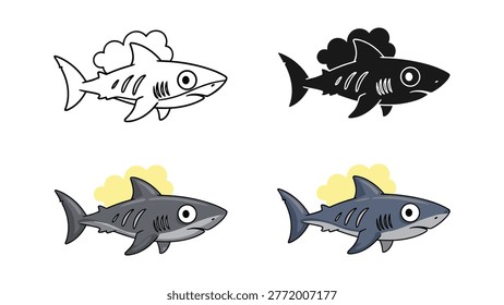 A collection of four illustrations of a stylized, cartoonish shark with a menacing expression and yellow thought bubbles, in outline, silhouette, and two grayscale color versions. Ideal for ocean, sea