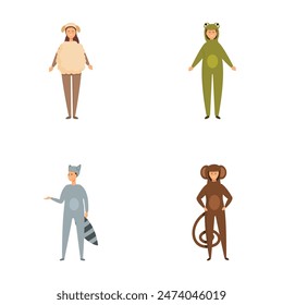 Collection of four individuals dressed in cute, cartoonstyle animal onesies