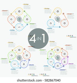 Collection of four infographic design templates. Circular diagrams with 3, 4, 5, 6 round elements, arrows twisted around them, icons and text boxes. Vector illustration for presentation, brochure.