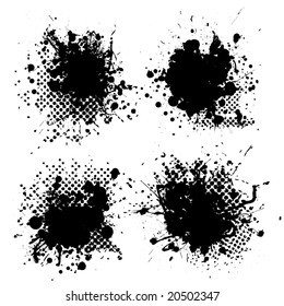 Collection of four ink splats with halftone dots in black