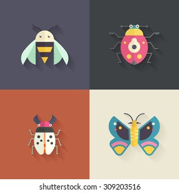 Collection of four insects made in flat vector style with shadow. Butterfly, bug, bee and dor-beetle. svg