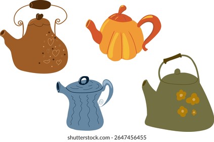 Collection of four isolated colorful vector teapots and kettles in autumn and cozy designs. Perfect for tea-themed projects, kitchen decor, and beverage illustrations.