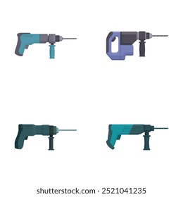 Collection of four isolated electric drill icons in a flat design style