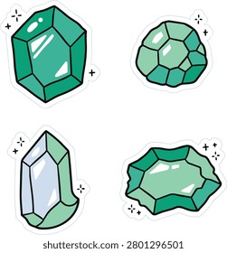 A collection of four isolated green gemstone and crystal illustrations in a cute cartoon style with shiny facets and sparkles.