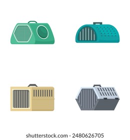 Collection of four isolated icons featuring different designs of pet carriers and crates