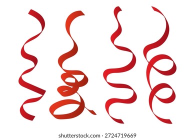 Una colección de cuatro cintas rizadas rojas aisladas. Ilustración vectorial de serpentinas festivas o confeti para Diseño gráfico de fiesta, fiesta y celebración.
