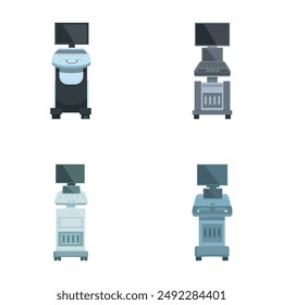 Collection of four isolated vector illustrations showing different styles of office desks with computer setups