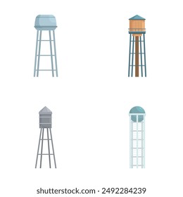 Collection of four isolated water tower icons in a flat design style