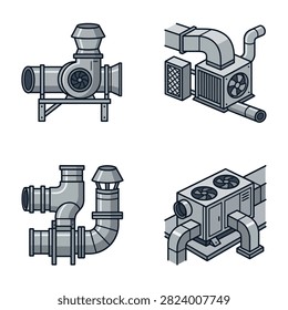Collection of four isometric illustrations depicting various industrial ventilation system components and air conditioning units for HVAC systems.