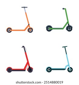 Colección de cuatro patinetes en diferentes colores aislados sobre un fondo blanco
