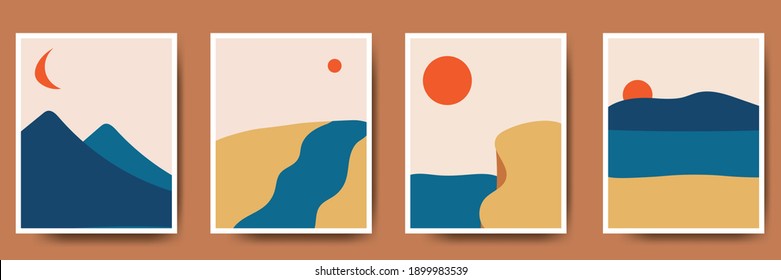 Collection of four landscape backgrounds. Nature landscape abstract backgrounds for your social media or for your print. Sunset, moon, mountains and beach illustrations.