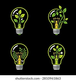 Collection of four lightbulbs containing growing green plants and leaves symbolizing renewable energy and innovation