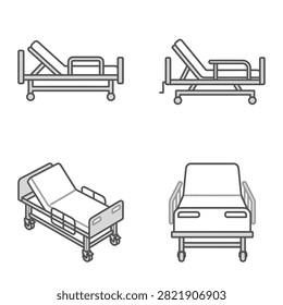 A collection of four line art illustrations depicting hospital beds from various angles and perspectives.