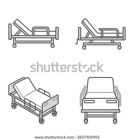 A collection of four line art illustrations depicting hospital beds from various angles and perspectives.