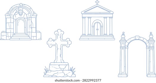 A collection of four line in blue outline on a white background. The depict various cemetery structures: a stone mausoleum with an arched entrance and a skull carving above it, a stone cross on a rocky base with grass, a rectangular mausoleum with columns and a cross on its roof, and a stone archway with decorative pillars. The style is a simple, hand-drawn with visible cracks and texture lines on the stone