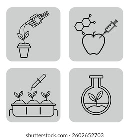 Collection of four line icons with agricultural science. Plant care, genetic modification, lab experimentation, and biotechnology