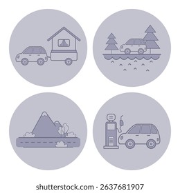 Collection of four line icons illustrating various car travel activities. Towing trailer, driving near water, mountain adventures, and refueling at station