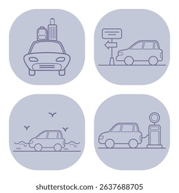 Collection of four line icons illustrating diverse car-related activities including travel with luggage, directional signage, water activities, and refueling