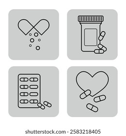 Collection of four line icons related to medication. Capsule with powder, pill bottle, blister pack, pills in heart design. Health and wellness concept